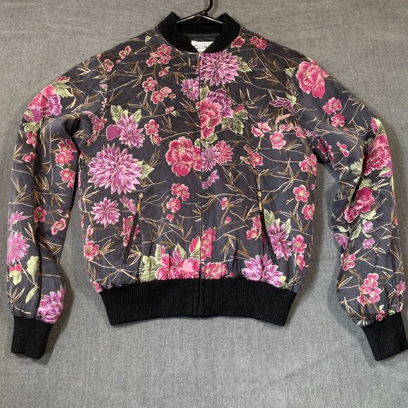 Allison Taylor Petite Floral Bomber Jacket With Ribbed Trim & Front Zip Womens S - Picture 2 of 11